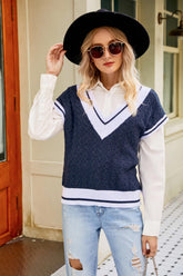 Contrast V-Neck Cap Sleeve Sweater Vest - Shah S. Sahota